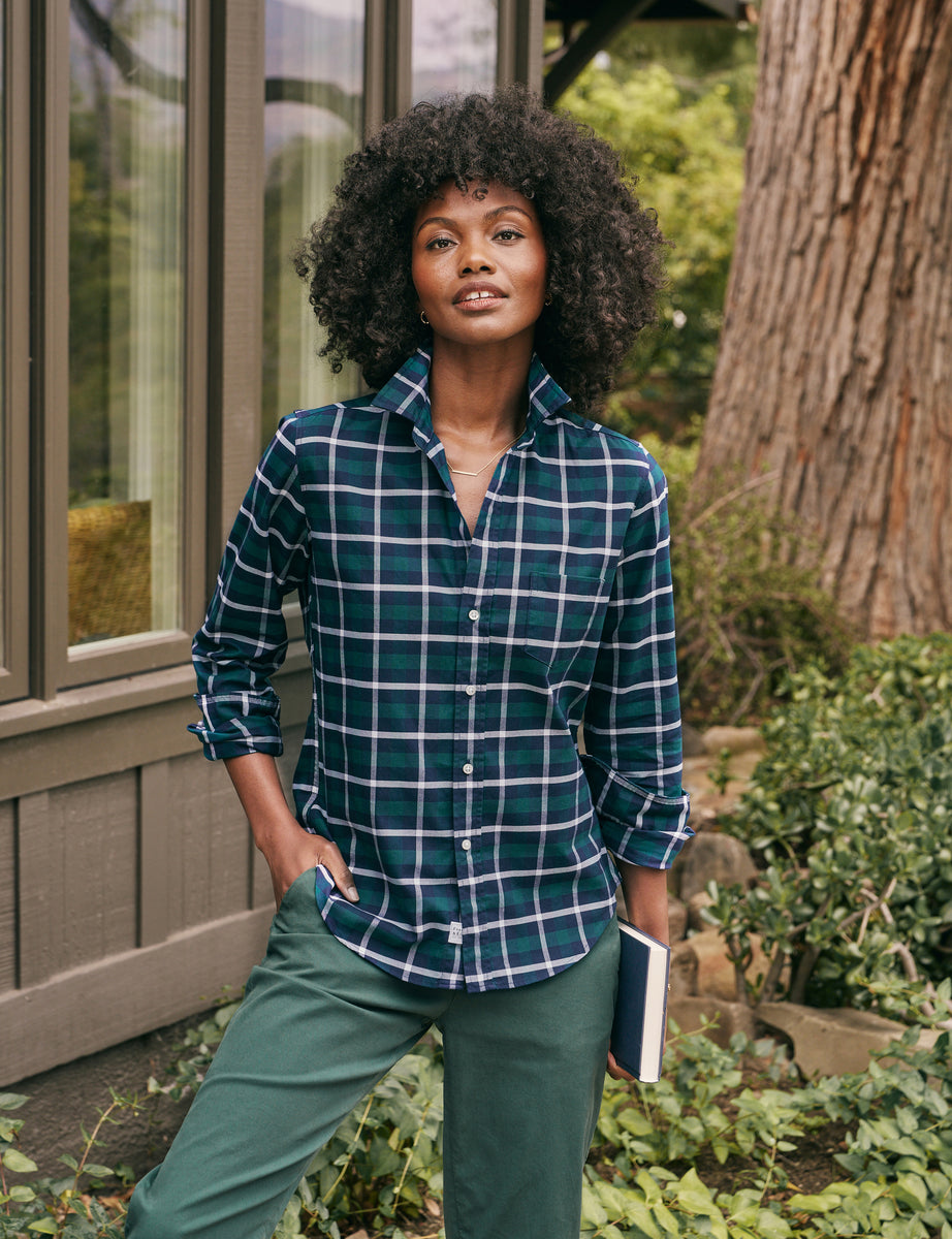 Frank & Eileen Barry Shirt Plaid Check Blue Dark Navy White Italian Cotton  Small