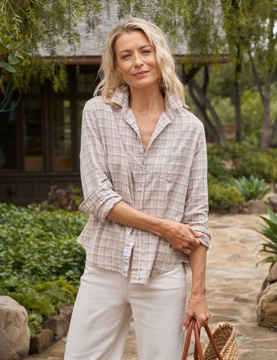 Eileen, Relaxed Button-Up Shirt, Sand and Gray Plaid