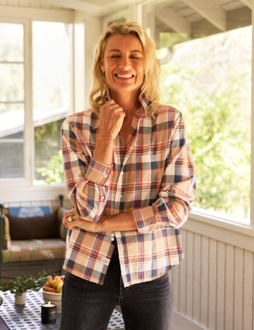 EILEEN Camel and Navy with Orange Plaid, Italian Flannel