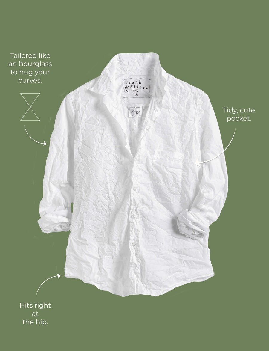 Lay flat image of the Barry button-up shirt. Arrows are pointing to different areas of the shirt and text highlights features including tailored like an hourglass to hug your curves, tidy, cute pocket, hits right at the hip.