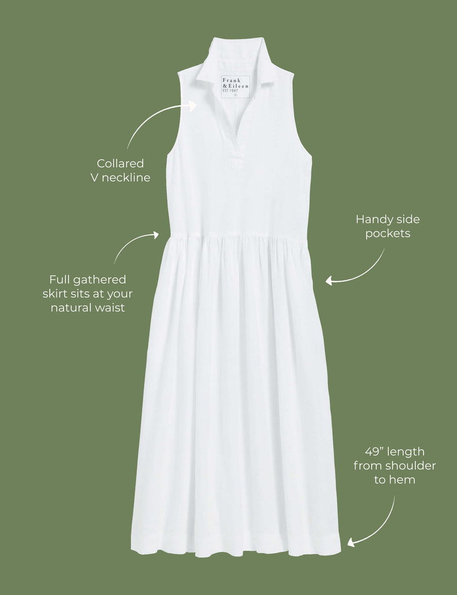 Lay flat image of the Daphne dress. Arrows are pointing to different areas of the dress and text highlights features including collared V neckline, handy side pockets, full gathered skirt sits at your natural waist, 49" length from shoulder to hem.