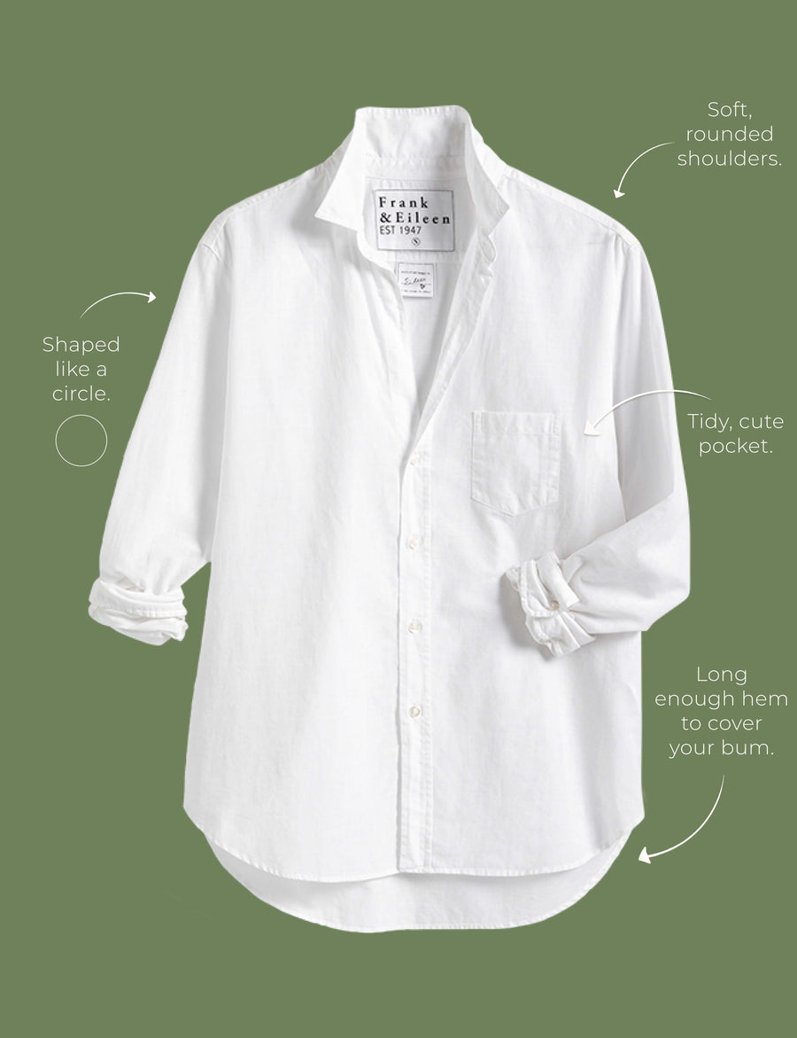 Image of Eileen button-up shirt with arrows pointing at different areas of the shirt to highlight features including soft, rounded shoulders, tidy, cute pocket, shaped like a circle and long enough hem to cover your bum.