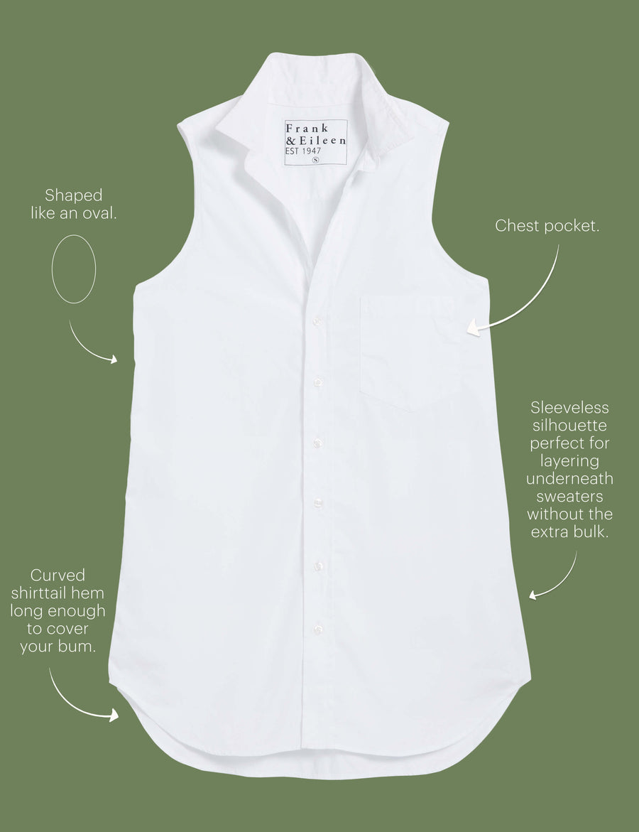 Lay flat image of the Finley button-up shirt. Arrows are pointing to different areas of the shirt and text highlights features including shaped like an oval, chest pocket, sleeveless silhouette perfect for layering underneath sweaters without the extra bulk, curved shirttail hem long enough to cover your bum.