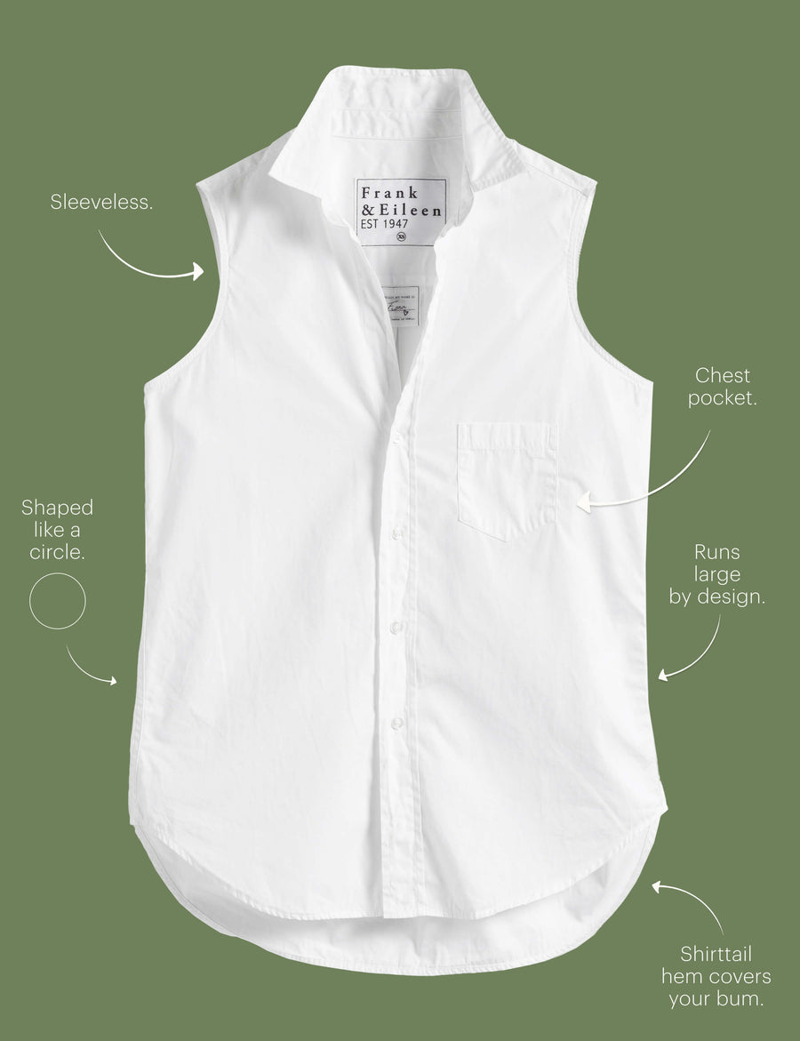 Lay flat image of the Fiona button-up shirt. Arrows are pointing to different areas of the shirt and text highlights features including sleeveless, chest pocket, shaped like a circle, runs large by design, shirttail hem covers your bum.