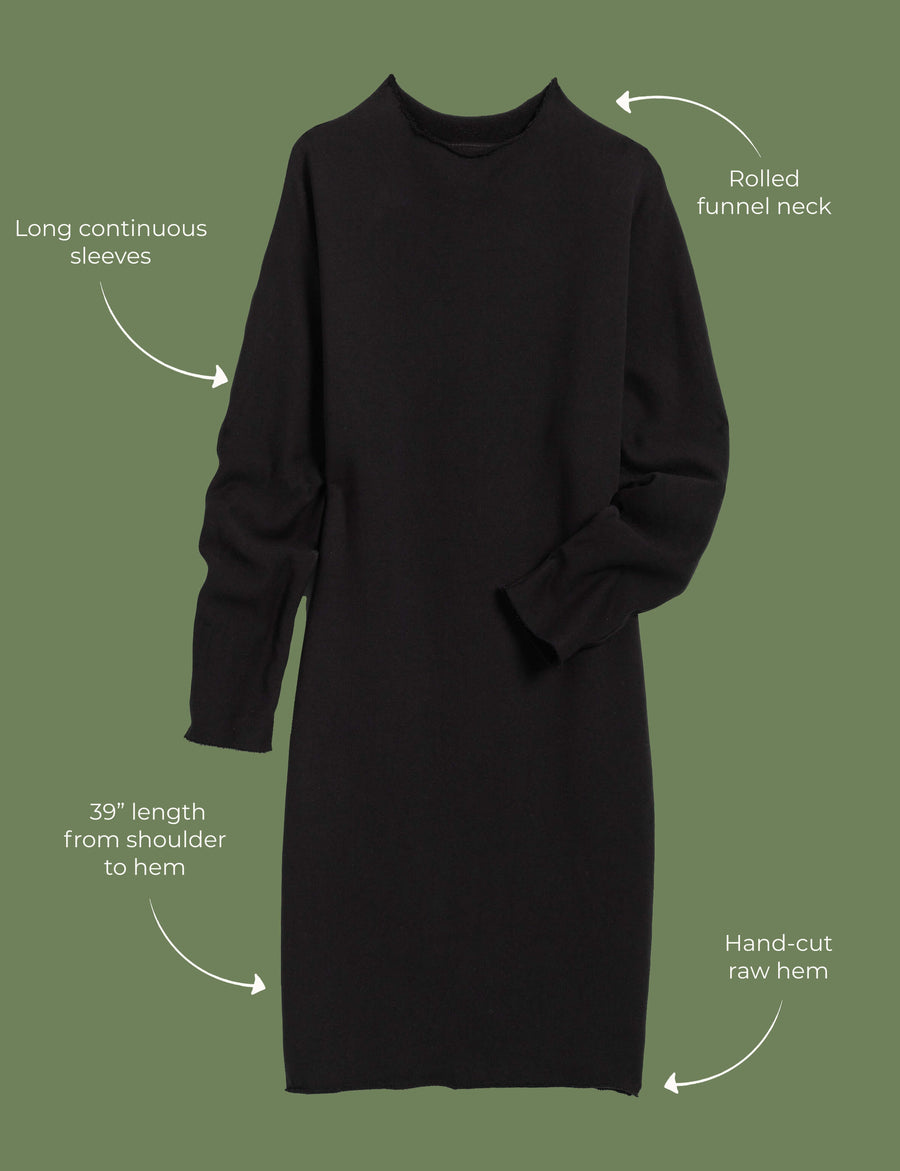 Lay flat image of the Izzie dress. Arrows are pointing to different areas of the dress and text highlights features including long continuous sleeves, rolled funnel neck, 39" length from shoulder to hem, hand-cut raw hem.