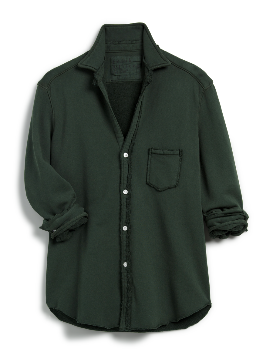 Flat front of Green Frank & Eileen Eileen Relaxed Button-Up Shirt in Triple Fleece