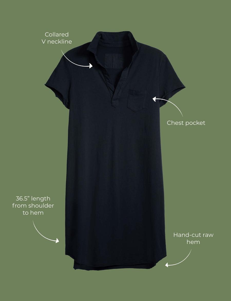 Lay flat image of the Lauren dress. Arrows are pointing to different areas of the dress and text highlights features including collared V neckline, chest pocket, 36.5" length from shoulder to hem, hand-cut raw hem.