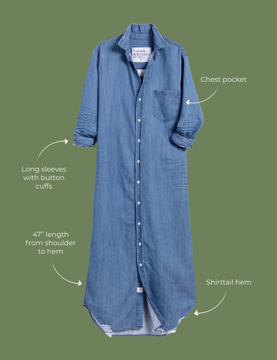 Lay flat image of the Rory dress. Arrows are pointing to different areas of the dress and text highlights features including chest pocket, long sleeves with button cuffs, 47" length from shoulder to hem, shirttail hem. 