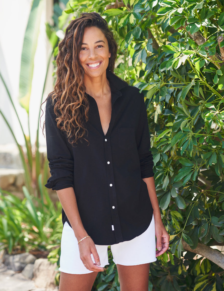 Front of person wearing Black Frank & Eileen Eileen Relaxed Button-Up Shirt in Heritage Jersey