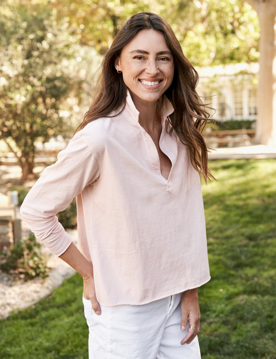 Front of person wearing Vintage Rose Frank & Eileen Patrick Popover Henley in Heritage Jersey