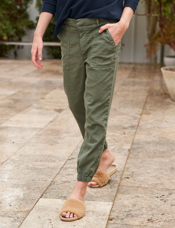 Front of person wearing Army Green Frank & Eileen Jameson Utility Jogger in Italian Performance Linen