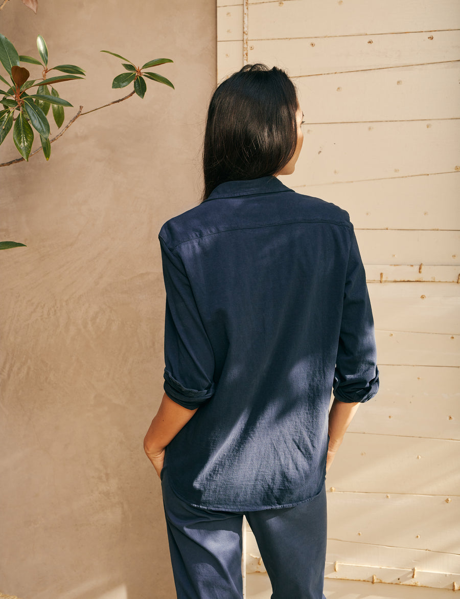 Back of person wearing British Royal Navy Frank & Eileen Eileen Relaxed Button-Up Shirt in Heritage Jersey