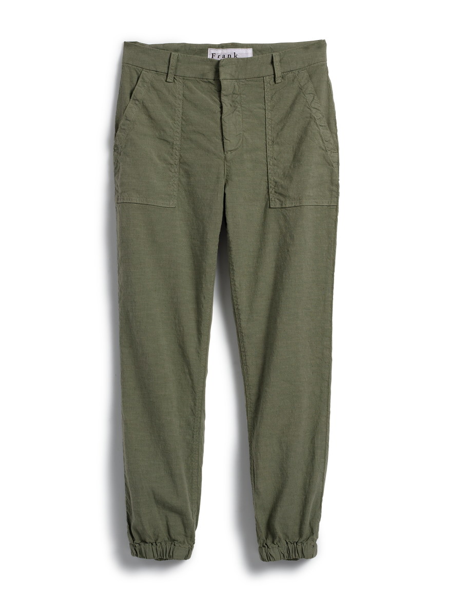 Flat front shot of Army Green Frank & Eileen Jameson Utility Jogger in Italian Performance Linen